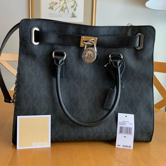 COPY - Michael Kors Large Hamilton MK Logo Tote Bag Purse Black 🖤🖤🖤 Silver Hard… - Picture 2 of 16